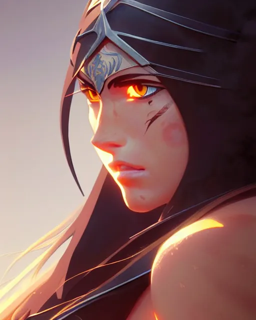 Image similar to azctec warrior, megan fox, detailed perfect face, exquisite details, fire magic, mid view, design on a white background, by studio muti, greg rutkowski makoto shinkai takashi takeuchi studio ghibli