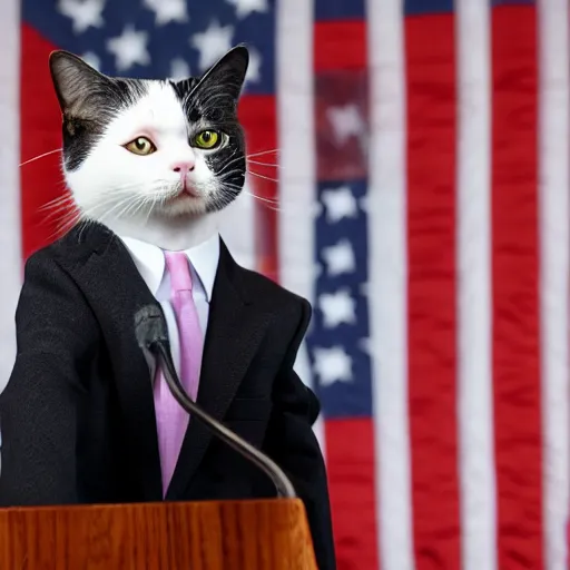 Prompt: a cat as the president of the united states giving a speech and wearing a suit in front of the american flag