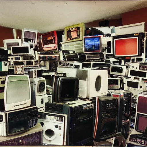 Image similar to array of crt televisions, tv static, antenna, stacked, polaroid, steroids, adult video store