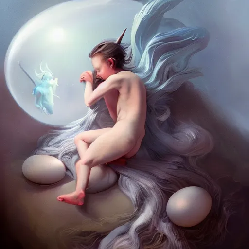 Prompt: a baby unicorn sleeping in an cracked egg, ultrarealistic, dramatic lighting, high details, 4 k, 8 k, best, accurate, trending on artstation, artstation, photorealism, ultrarealistic, digital painting, fantasy art, style of peter mohrbacher, caravaggio, boris vallejo