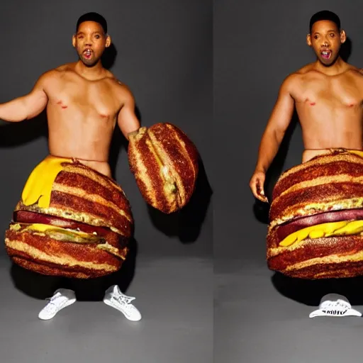 Image similar to will smith, wearing a costume that looks like a burger, photograph, dancing, burger costume, 4 k