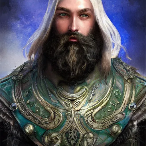 Image similar to Portrait close-up of Aasimar Paladin-Druid with glowing blue eyes, pale skin, full beard. Has sword and wears green armor covered in moss. Epic fantasy art, award winning on Artstation, intricate, highly detailed, dramatic lighting, illustration, concept art, art by artgerm and greg rutkowski and alphonse mucha and ross tran, D&D, Dungeons and Dragons, Magic the Gathering.