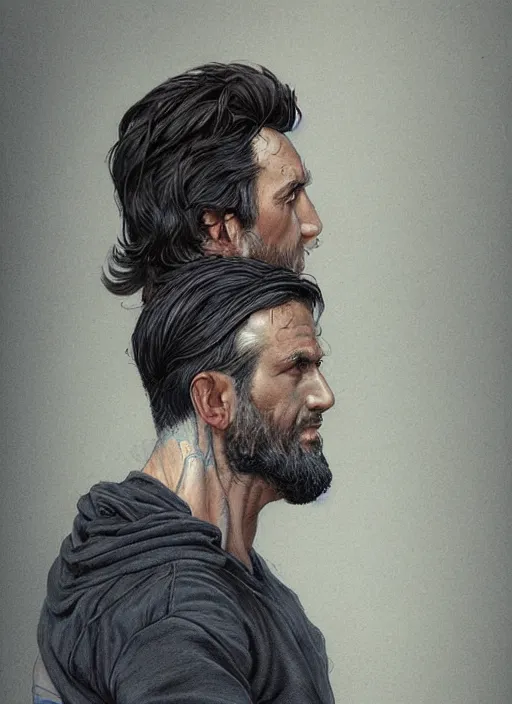 Prompt: darkhaired man seen from behind wearing loose tee shirt, head and shoulders, intricate, highly detailed, centered, digital painting, artstation, concept art, smooth, sharp focus, illustration, art by artgerm and donato giancola and Joseph Christian Leyendecker