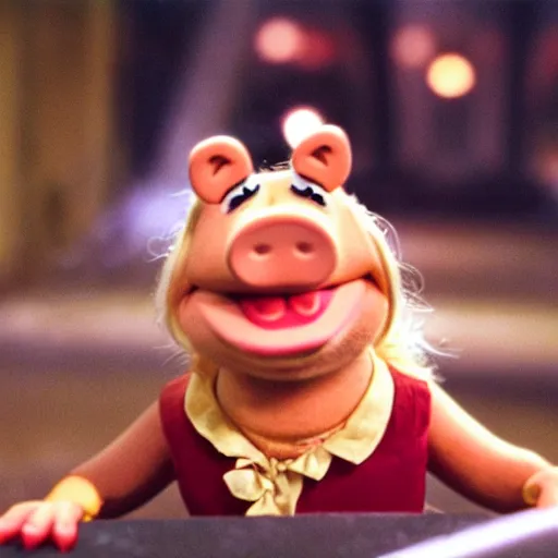 Image similar to movie still of miss piggy starring as trinity in the matrix movie