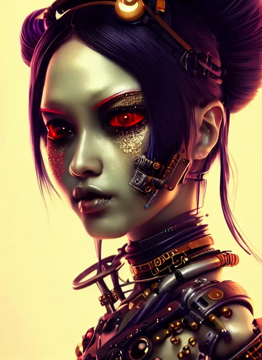 Prompt: soft lustrous ebony geisha raver gutter punk steampunk cyborg, yakuza, golden ratio, details, scifi, fantasy, cyberpunk city, intricate, decadent, highly detailed, octane render, digital painting, artstation, concept art, sharp focus, illustration, art by artgerm, loish, wlop