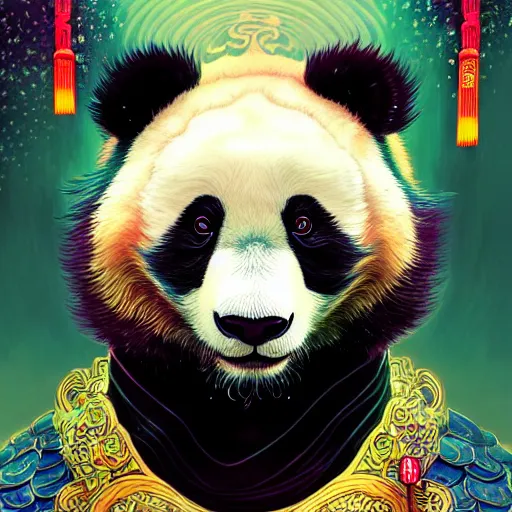 Image similar to a beautiful hyperdetailed character design 4 k wallpaper illustration of a cute panda with a chinese lion dance head victo ngai cyberpunk style, from china, style of studio ghibli, makoto shinkai, raphael lacoste, louis comfort tiffany, artgerm, james jean, ross tran, chinese style