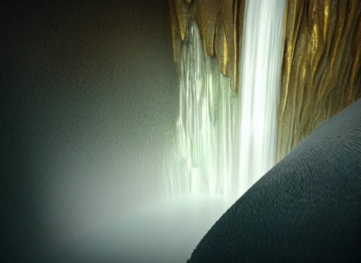 Image similar to huge towering magical waterfall, white pearlescent, chrome, iridescent metals, liquid gold, biomechanical garment, cinematic, crystalline masterpiece diamond incrustations, hyperdetailed metalwork, in volumetric soft glowing mist by erik johansson full frame mirrorless sensor, movie still, octane render, pixar, crepuscular rays,