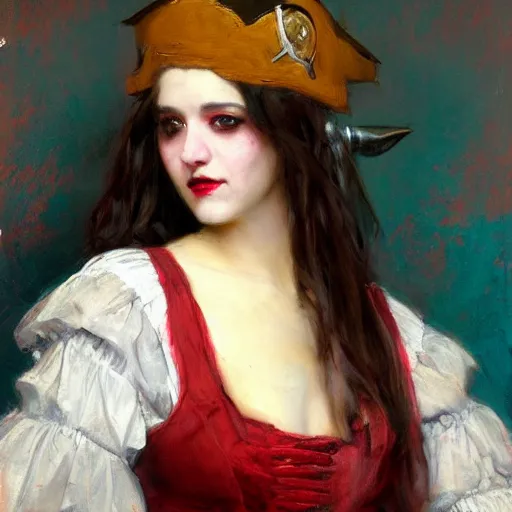 Image similar to Solomon Joseph Solomon and Richard Schmid and Jeremy Lipking victorian genre painting portrait painting of a happy young beautiful woman punk rock goth girl german french actress model pirate wench in fantasy costume, red background