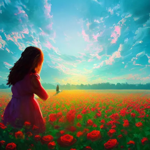 Image similar to large rose face, girl floating in a flower field, surreal photography, sunrise dramatic light, impressionist painting, colorful clouds, digital painting, artstation, simon stalenhag