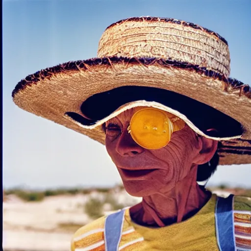 Prompt: A closeup film photography of an Alien wearing straw hat, photo bySlim Aarons, award winning, 4K