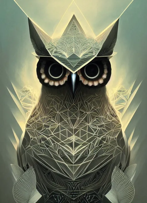 Image similar to portrait of a geometric owl, identical eyes, medium shot, illustration, full body made of white feathers, symmetrical, art stand, super detailed, cinematic lighting, and its detailed and intricate, gorgeous, by peter mohrbacher