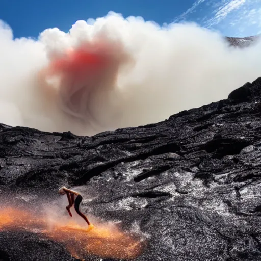 Image similar to man in a swimsuit surfing on flowing lava in a volcano with magma eruptions, steam and smoke from smoldering rocks