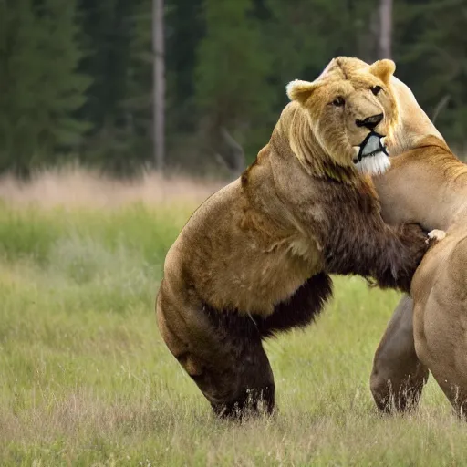 Image similar to realistic photo of a fight between a lion and a bear