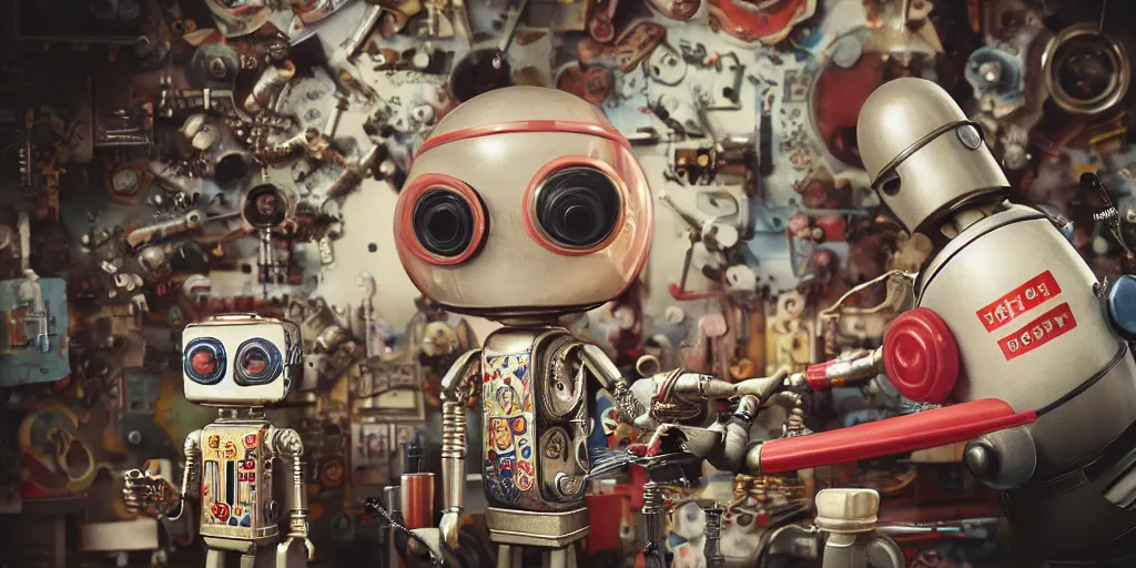 Prompt: closeup portrait of tin toy retro robot artist painting in a workshop, depth of field, zeiss lens, detailed, centered, fashion photoshoot, by nicoletta ceccoli, mark ryden, lostfish, breathtaking, 8 k resolution, extremely detailed, beautiful, establishing shot, artistic, hyperrealistic, octane render