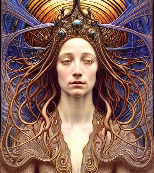 Prompt: detailed realistic beautiful young medieval alien queen face portrait by jean delville, gustave dore and marco mazzoni, art nouveau, symbolist, visionary, gothic, pre - raphaelite. horizontal symmetry by zdzisław beksinski, iris van herpen, raymond swanland and alphonse mucha. highly detailed, hyper - real, beautiful
