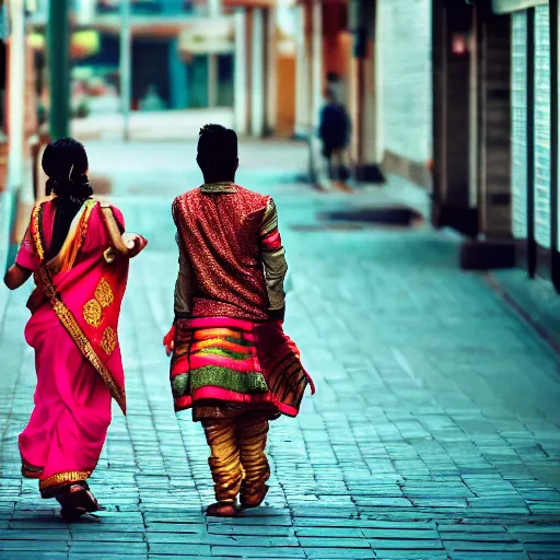 Prompt: a dramatic photograph of a person wearing traditional indian clothes, person wearing indian traditional clothes walking in a modern city, cinematic lighting