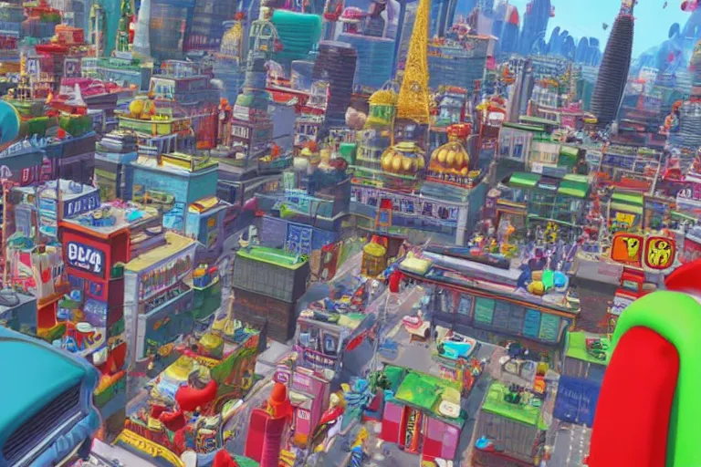 Image similar to an in game new donk city landscape from super mario odyssey, super mario odyssey art style.