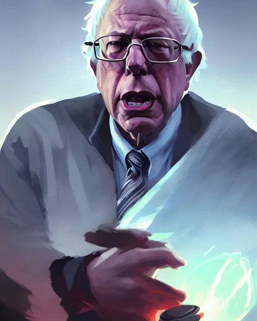 Image similar to bernie sanders as a league of legends champion, medium shot close up, details, sharp focus, illustration, by jordan grimmer and greg rutkowski, trending artstation, digital art