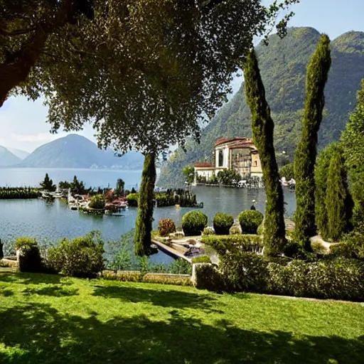 Image similar to Large Italianate House with beautiful landscaping on the shores of Lake Como, by Claude Monet