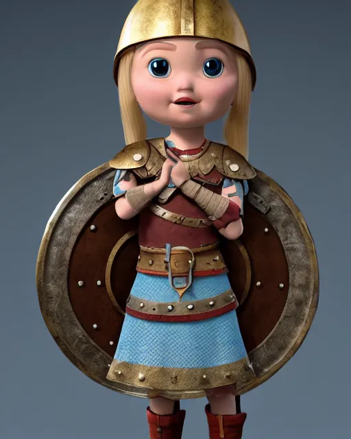 Image similar to an adorable toy of a viking girl with her shield raised to defend, pixar style, authentic viking armor, historically accurate, clean detail, symmetrical, octane render, studio lighting