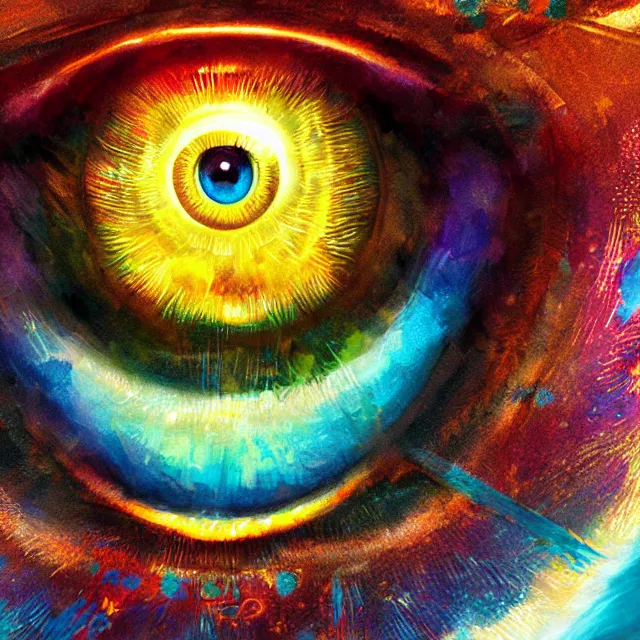 Image similar to macro shot of the iris eye, eye of horus, centered eye, symmetry, illuminati eye, colorful, sharp and focus, ultra detailed, beautifully lit, in the art style of dan mumford and marc simonetti