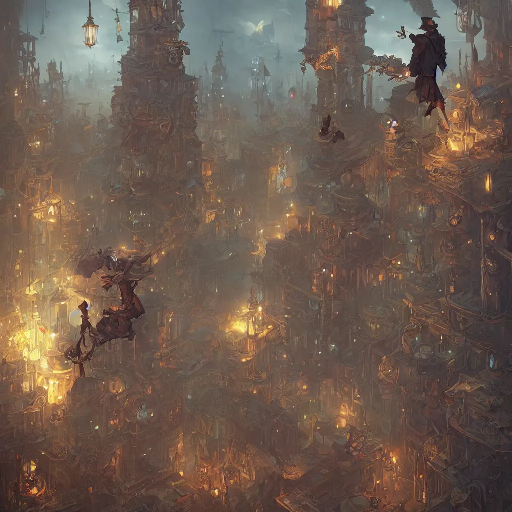 Image similar to tarot the fool standing in a steampunk city by peter mohrbacher and dan mumford and nekro, cgsociety, volumetric light, 3 d render