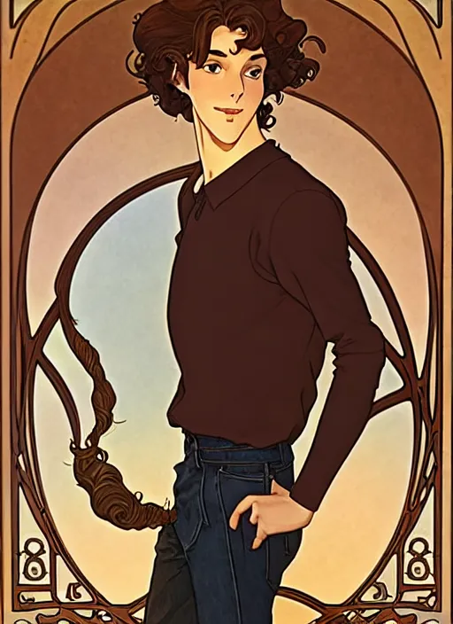 Image similar to art nouveau portrait of a handsome young man with curly medium length very messy light brown hair, brown eyes, aloof, t - shirt, natural lighting, path traced, highly detailed, high quality, cartoon, digital painting, by don bluth and ross tran and studio ghibli and alphonse mucha