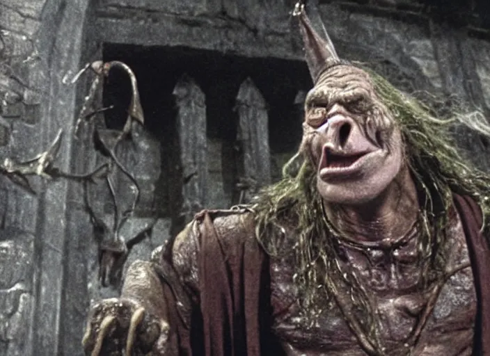 Image similar to a film still of a lazy orc in harry potter