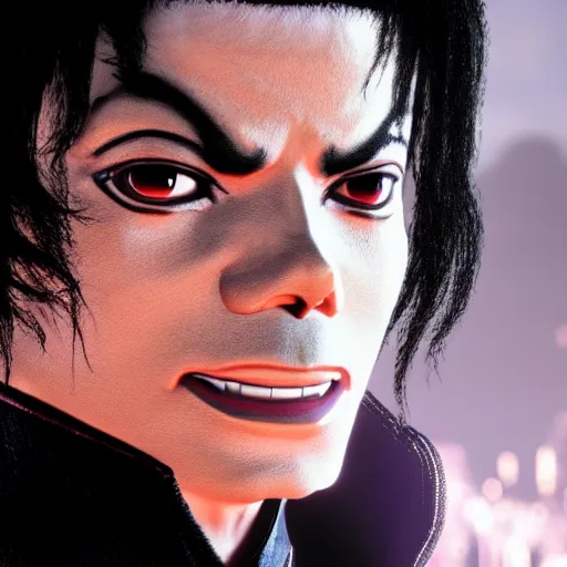 Image similar to a videogame still of Michael Jackson in Tekken 7, portrait, 40mm lens, shallow depth of field, close up, split lighting, cinematic