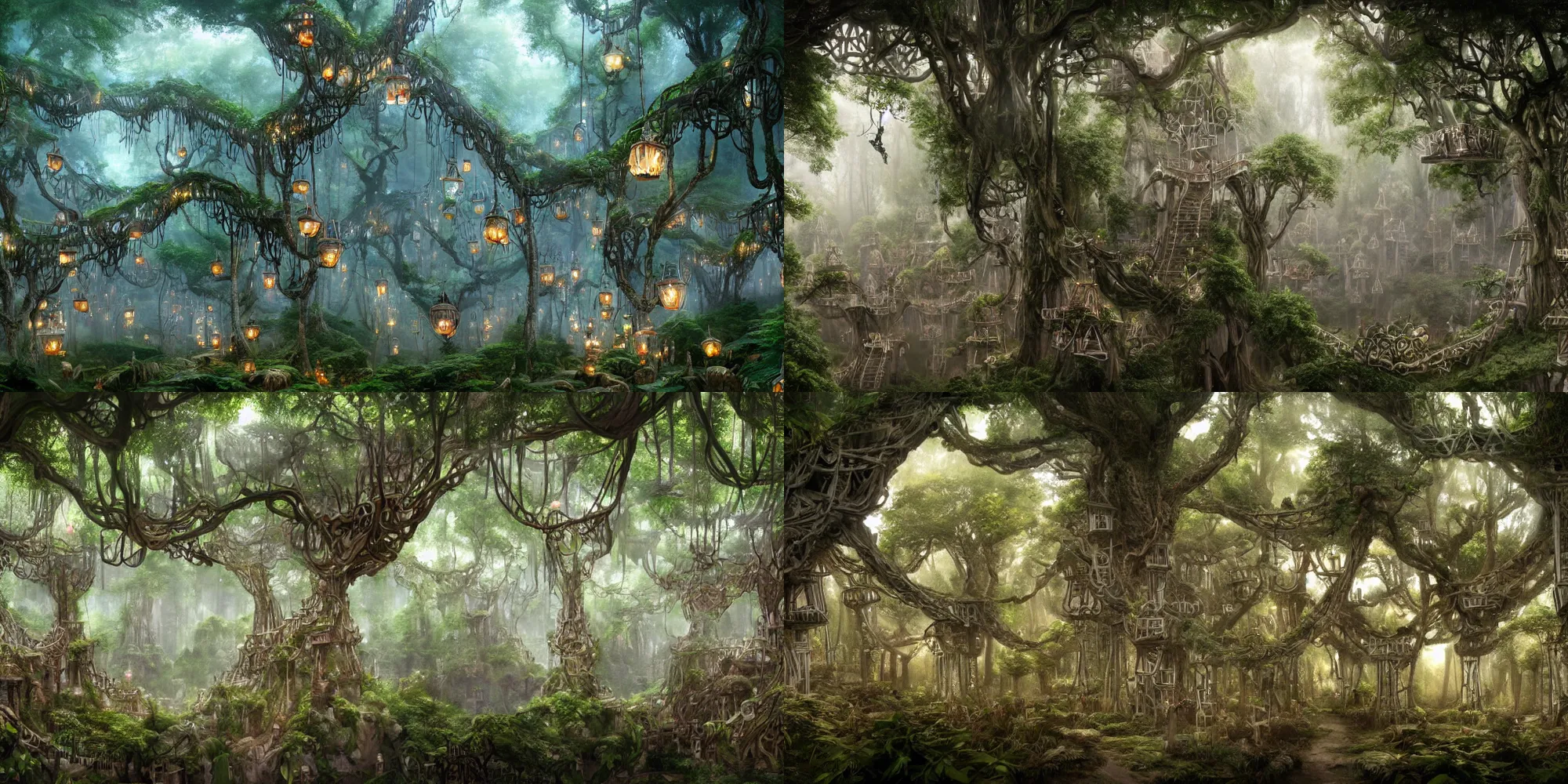 Prompt: treetop elf village made up of white treehouses and connected by rope bridges. Elaborate fancy wood-carved decorations. Magical lanterns in multiple distinct colors. Ground level view looking at the canopy. Mystical fantasy atmosphere. Style of Lothlórien from the Lord of the Rings movies. Detailed matte painting trending in artstation