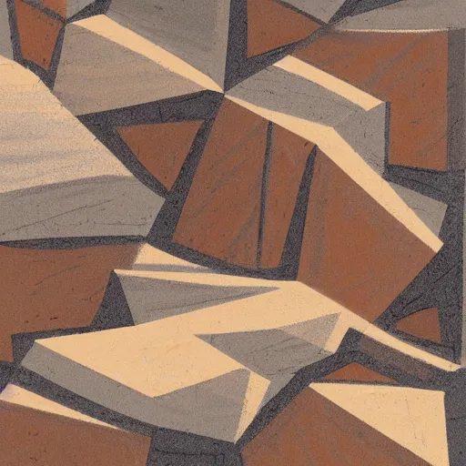 Image similar to masterpiece abstract intricate painting of detailed multiple layers of rocky material along a planer surface. highly geometric with loose sketch lines slanting down. isometric angles. beautiful use of light and shadow to create a sense of a stony landscape. using architectural brushwork and a rich earthy color palette, providing a mathematical rough sketchy look.