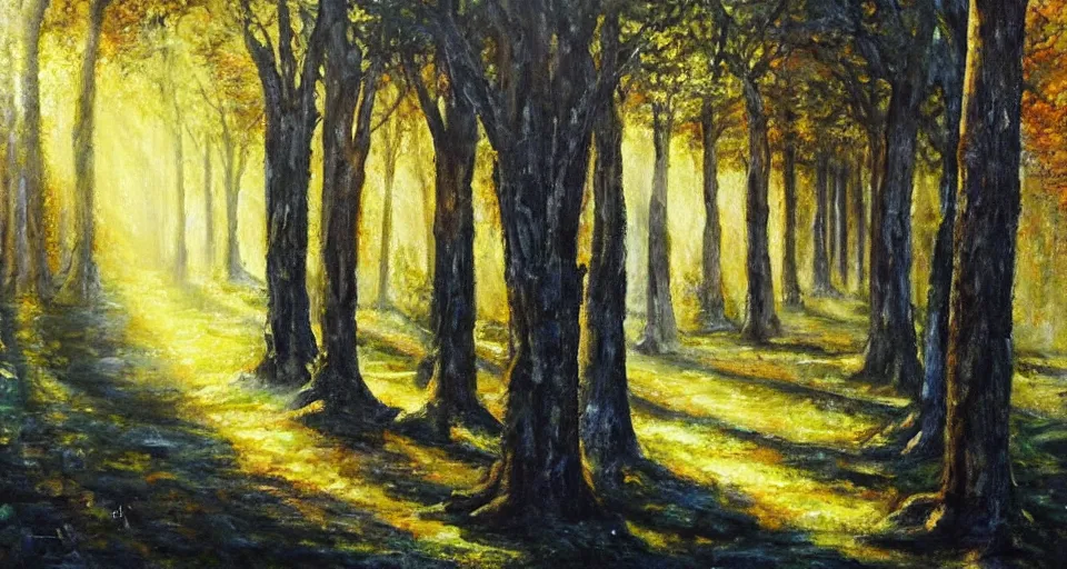 Image similar to a forest made of stone pillars instead of trees, God rays, beautiful painting, oil on canvas, by Ewa Czarniecka, award winning masterpiece,