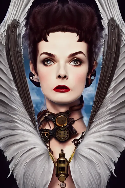 Prompt: Hepburn has a steampunk complicated body and angel white feather wings, vertical portrait, symmetrical face, f1.8, 50mm, vibrant light leaks,high detailed, trending on artstation.