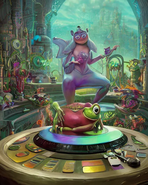 Prompt: an epic fantasy comic book style portrait painting of a magica frog, sitting outside at a crowded futuristic restaurant with dj mixer deck and some vynil records. character design by mark ryden and pixar and hayao miyazaki, unreal 5, daz, hyperrealistic, octane render, cosplay, rpg portrait, dynamic lighting, intricate detail, summer vibrancy, cinematic,