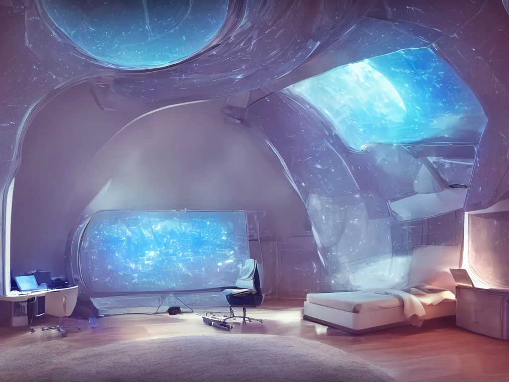 Image similar to bedroom with curved translucent screens projecting detailed sci - fi art ( 2 0 4 2 ), pixel perfect photograph, high contrast, volumetric lighting, thin glowing lights, chair, users, pair of keys