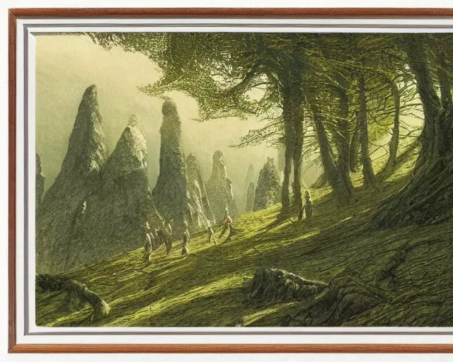 Image similar to a valley with tall trees and two hobbits walking through the forest, by Tolkien and Alan Lee