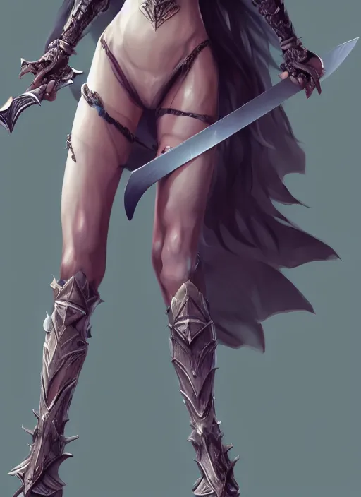 Prompt: full body portrait of a barefoot vampire swordswoman wearing heavy armor, real human feet, barefoot, two - handed sword, lithe, athletic, absurdly beautiful, detailed, anatomically accurate, reasonable proportions, in the style of guweiz, z. w. gu on artstation, 4 k.
