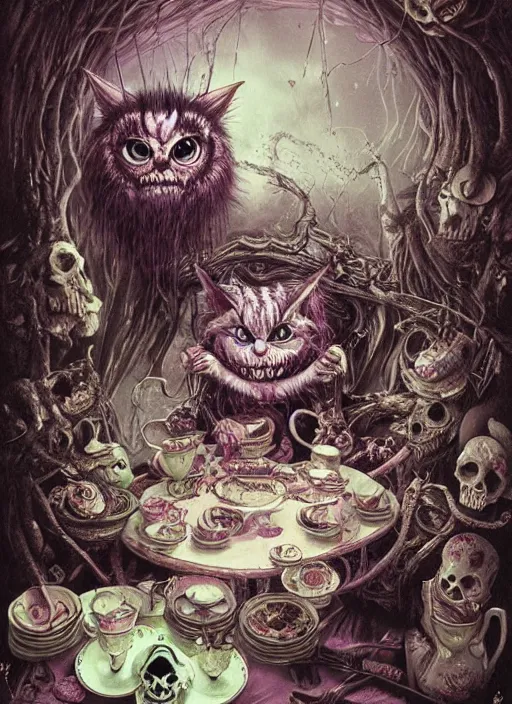 Image similar to Cheshire Cat on a tea party,Death Tarot card,highly detailed,half skull face,cinematic,8k,by Stanley Artgermm,Tom Bagshaw,Greg Rutkowski,Carne Griffiths, Ayami Kojima, Beksinski, Giger,trending on DeviantArt,hyper detailed,horror, full of colour