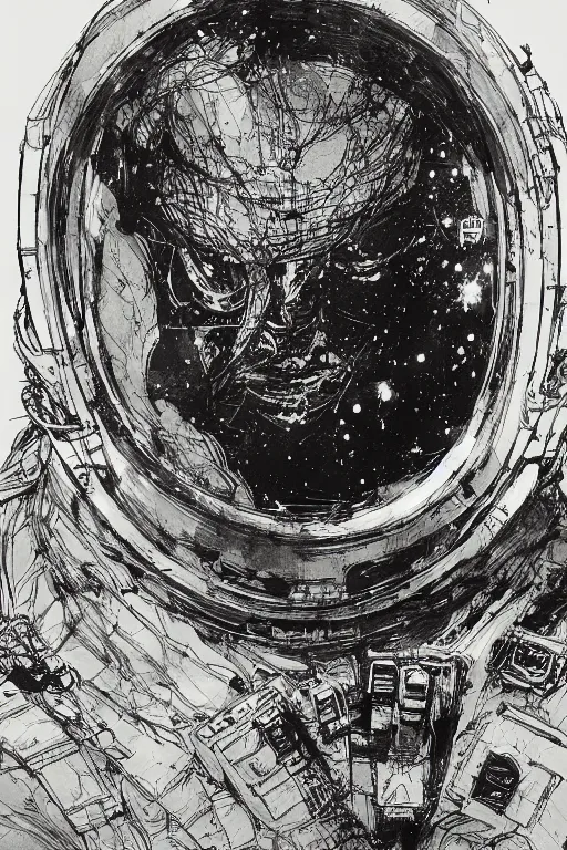 Prompt: portrait of astronaut from the void, pen and ink, intricate line drawings, by craig mullins, ruan jia, kentaro miura, greg rutkowski