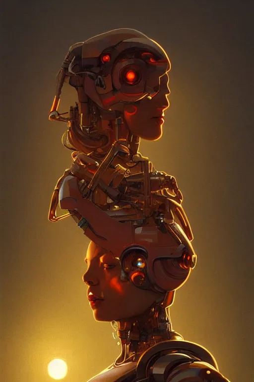 Prompt: a close-up portrait of a robot mother, dramatic backlighting, golden hour, autochrome, high contrast, highly detailed, sharp focus, digital painting, concept art, illustration, trending on artstation, art by greg rutkowski and greg hildebrandt, by alphonse mucha