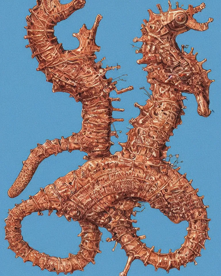 Image similar to a detailed scientific anatomical illustration of a cybernetic seahorse.