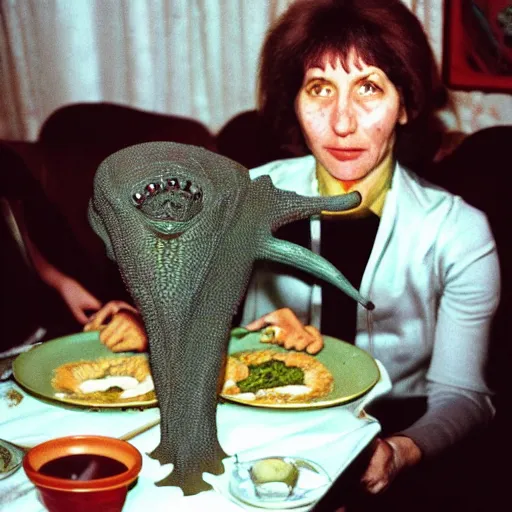 Prompt: alien creature at a soviet family dinner, 1 9 7 0 s photo, cinestill 8 0 0 t 3 5 mm, camera flash