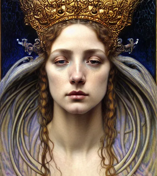 Image similar to detailed realistic beautiful young medieval queen of jupiter face portrait by jean delville, gustave dore and marco mazzoni, art nouveau, symbolist, visionary, gothic, pre - raphaelite. horizontal symmetry by zdzisław beksinski, iris van herpen, raymond swanland and alphonse mucha. highly detailed, hyper - real, beautiful