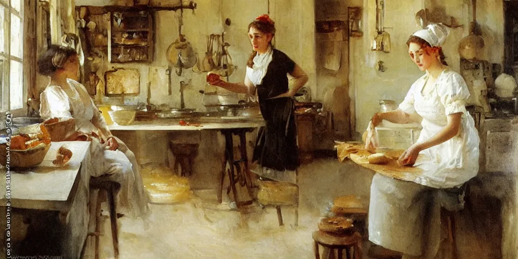 Image similar to a young edwardian woman baking bread in a cozy french kitchen, in the style of anders zorn