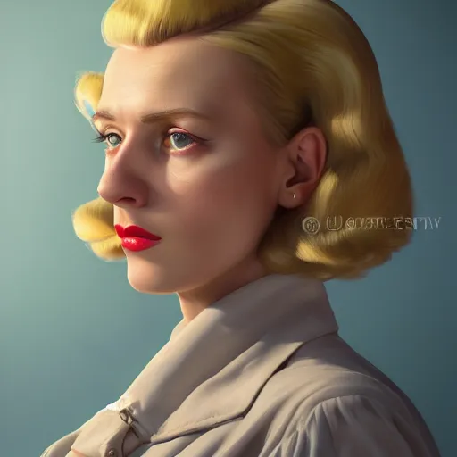 Image similar to A Hearts of Iron IV portrait of a blonde German actress with high cheekbones. Dressed in 1940s style. Highly detailed, fine Art, high detail, great lighting, 8k resolution, masterpiece, concept art, illustration, clear eyes, painting oil on canvas, octane render, HDR, trending on artstation, 4k, 8k, HD