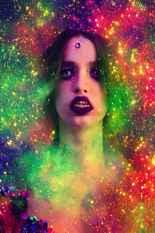 Image similar to psychedelic, whimsical, 4k, beautiful intimate woman blowing smoke, with professional makeup, long trippy hair, a crystal and flower dress, sitting in a reflective pool, surrounded by gems, underneath the stars, rainbow fireflies, trending on patreon, deviantart, twitter, artstation, volumetric lighting, heavy contrast, art style of Ross Tran and Viktoria Gavrilenko and Ilya Kuvshinov