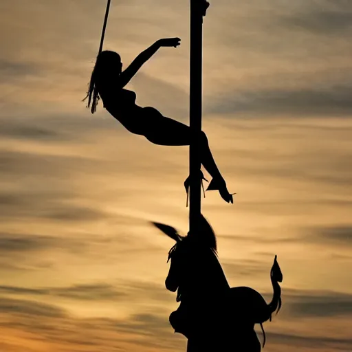 Image similar to pole dancer performing on carousel, beautiful lighting, silhouette.