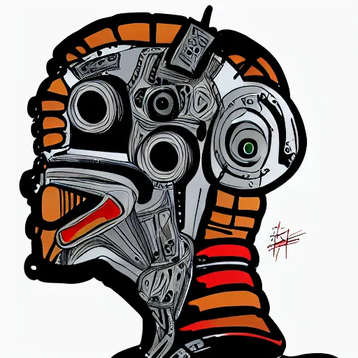 Image similar to A highly stylized digital HD painting of the face of a tattooed robot