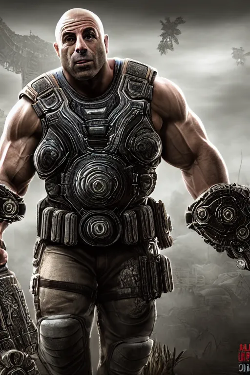 Image similar to Joe Rogan as a smiling muscular Gears of War character, photorealism, full body, HDR ambient background, unreal engine 5, hyperrealistic, highly detailed, XF IQ4, 150MP, 50mm, F1.4, ISO 200, 1/160s, cinematical light, Adobe Lightroom, photolab, Affinity Photo, PhotoDirector 365, realistic