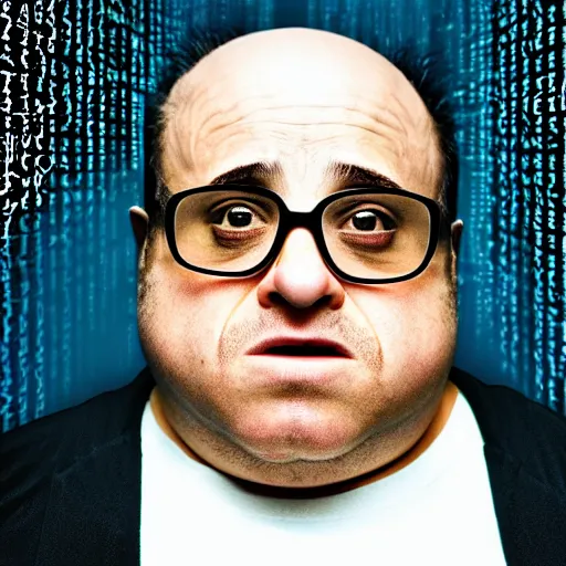 Image similar to obese danny devito as a hacker in the matrix, modelsociety, radiant skin, huge anime eyes, rtx on, perfect face, directed gaze, intricate, contrast correction, sony a 7 r iv, symmetric balance, polarizing filter, photolab, lightroom, 4 k, dolby vision, photography award